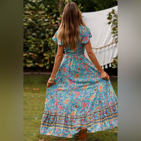 Boho Wrap Maxi Dress in Turquoise - Picture 2 of 6